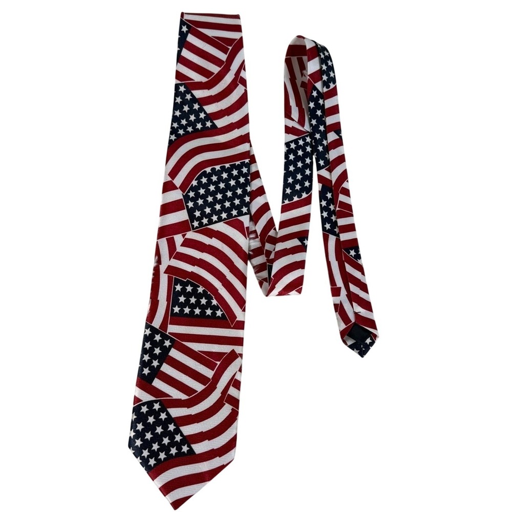 C.J. Andrews Mens American Flag Print Necktie Silk Blend Patriotic Novelty USA